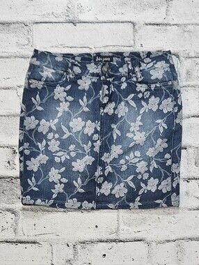 Suko Jeans Floral Denim Mini Skirt Size 2 Blue White Stretch Jean Skirt